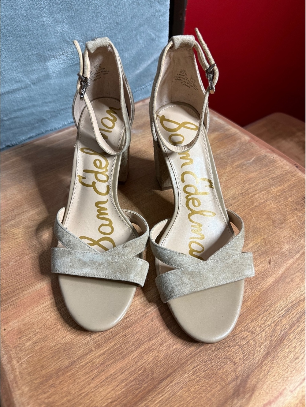Sam Edelman "Omar" Beige Suede Ankle Strap Block Heel Sandals - Size 6.5 M